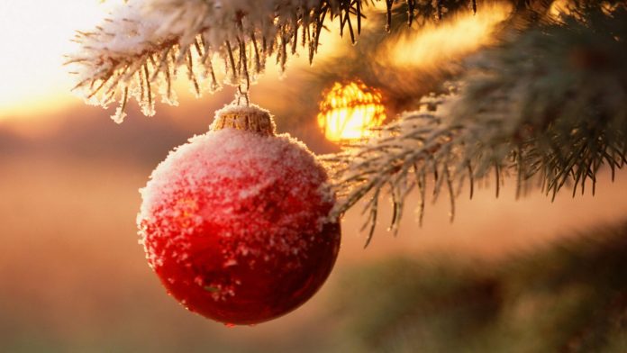 hd-wallpaper-Snowy-Christmas-Ball-in-Tree